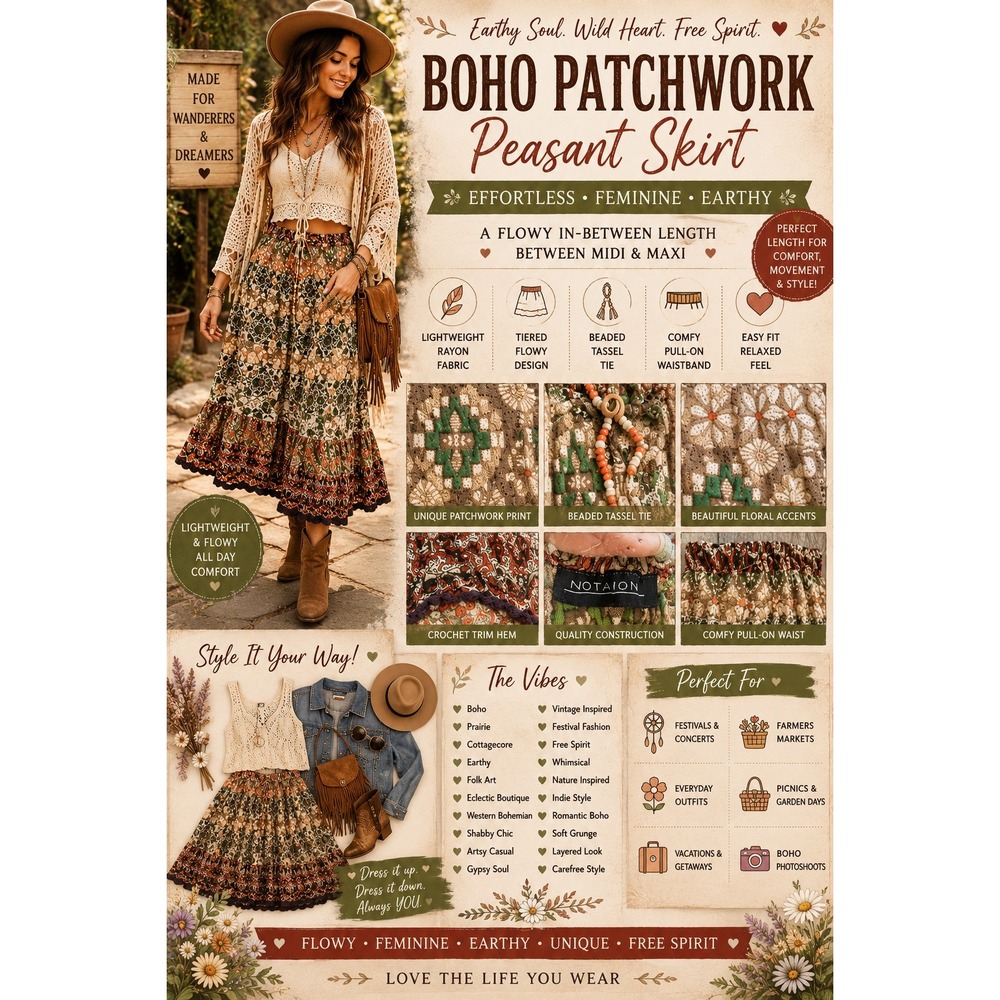 Boho Patchwork Peasant‎ Floral Tiered Midi Festival Prairie Cottagecore PM